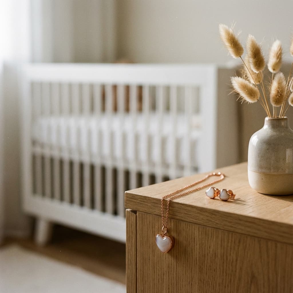 Stimmungsvolles Babyzimmer mit weißem Gitterbett und Holzkommode, darauf Vase sowie Herz-Anhänger-Kette und Ohrringe als Beispiel für ein muttermilch schmuck selber machen set.