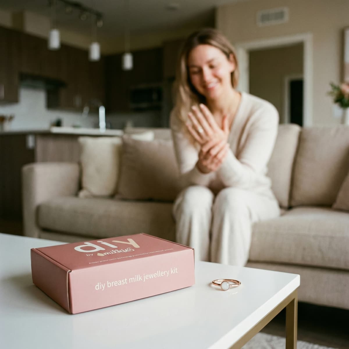 Auf dem Couchtisch liegt ein rosa DIY by MILKIES Kit, während eine Mutter auf dem Sofa ihren Ring betrachtet – ein muttermilch schmuck selber machen set für ein persönliches Andenken zu Hause.