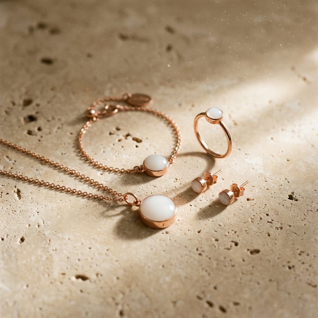 Elegantes Schmuck-Set aus rosévergoldeter Kette, Armband, Ring und Ohrringen mit milchig-weißem Stein, inspiriert von einem muttermilch schmuck selber machen set, arrangiert auf hellem Naturstein im warmen Licht.