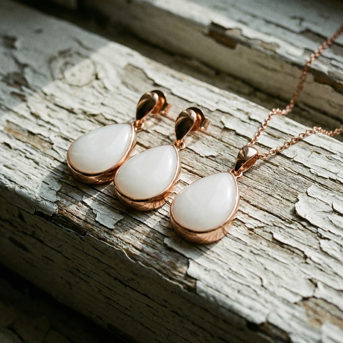 Elegantes Roségold-Set mit tropfenförmigem, milchig-weißem Anhänger und passenden Ohrringen auf verwittertem Holz, ideal für Muttermilch Schmuck selbst machen diy.