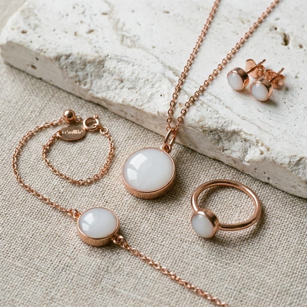 Elegantes roségoldfarbenes Set Muttermilchschmuck DIY mit runder weißer Harzfassung: Halskette, Armband, Ring und Ohrstecker auf hellem Stoff neben einem Stein.