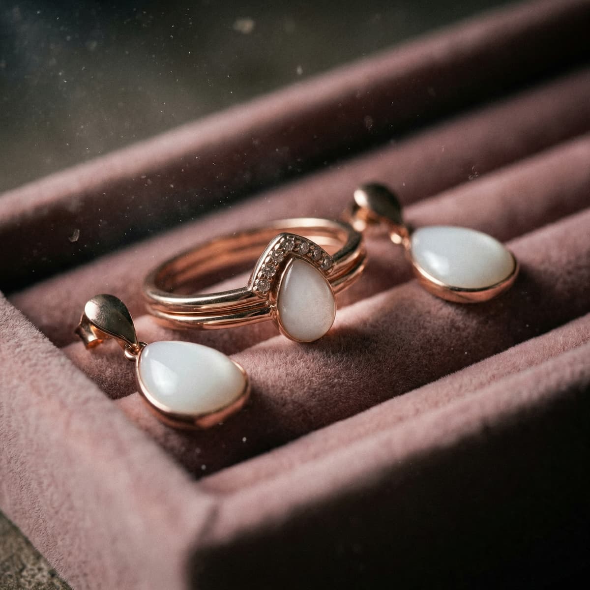 Elegantes Set aus roségoldfarbenem Ring und passenden Tropfen-Ohrringen mit milchig-weißen Steinen in einer Samtschatulle – inspiriert von Muttermilchschmuck selbst machen diy als persönliches Erinnerungsstück.