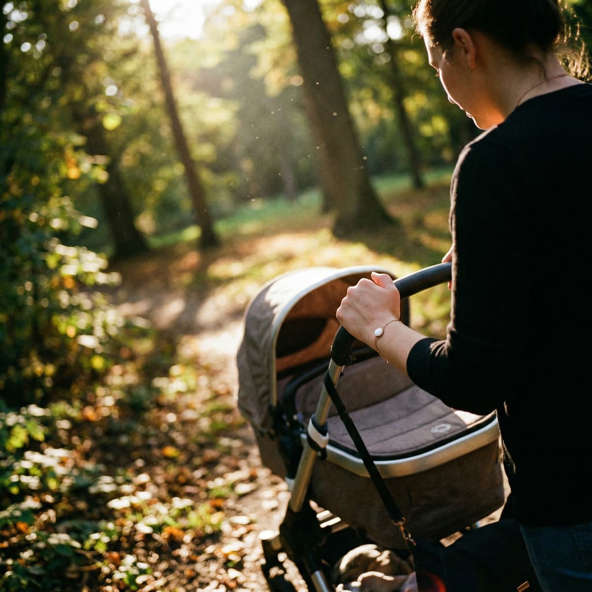 Junge Mutter schiebt einen Kinderwagen auf einem sonnigen Waldweg – stimmungsvolles Lifestylebild zur Idee eines Set zum Herstellen eines Muttermilcharmbands als persönliches Erinnerungsstück.